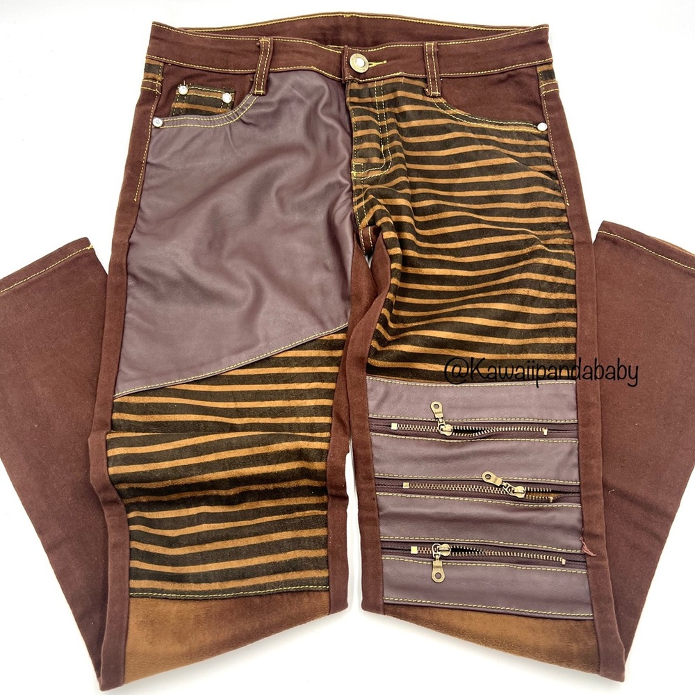Brown Mixed Media Patchwork Faux Leather Suede Zipper Bling Striped Skinny Jeans - Picture 1 of 6